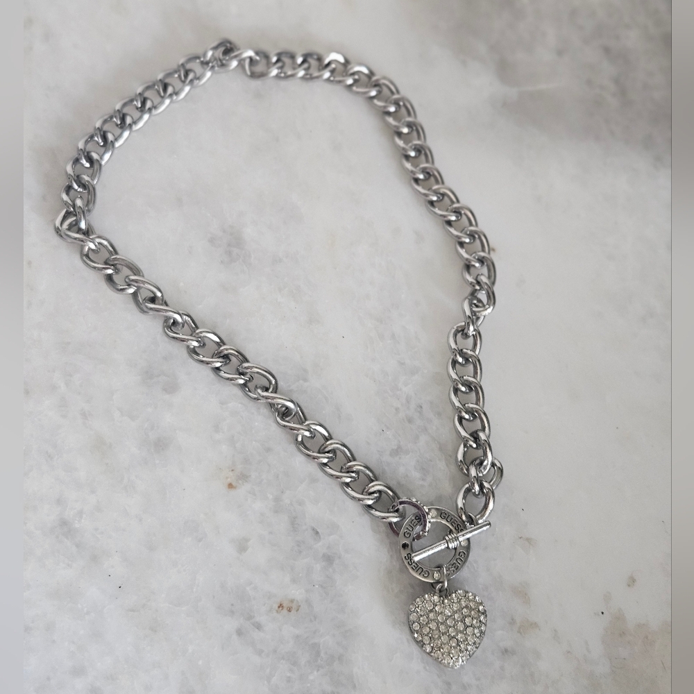 Guess Silver Chain Necklace with Heart Pendant